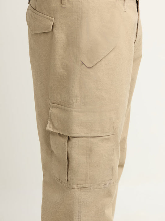 WES Casuals Beige Relaxed Fit Mid Rise Cargo Blended Linen Pants