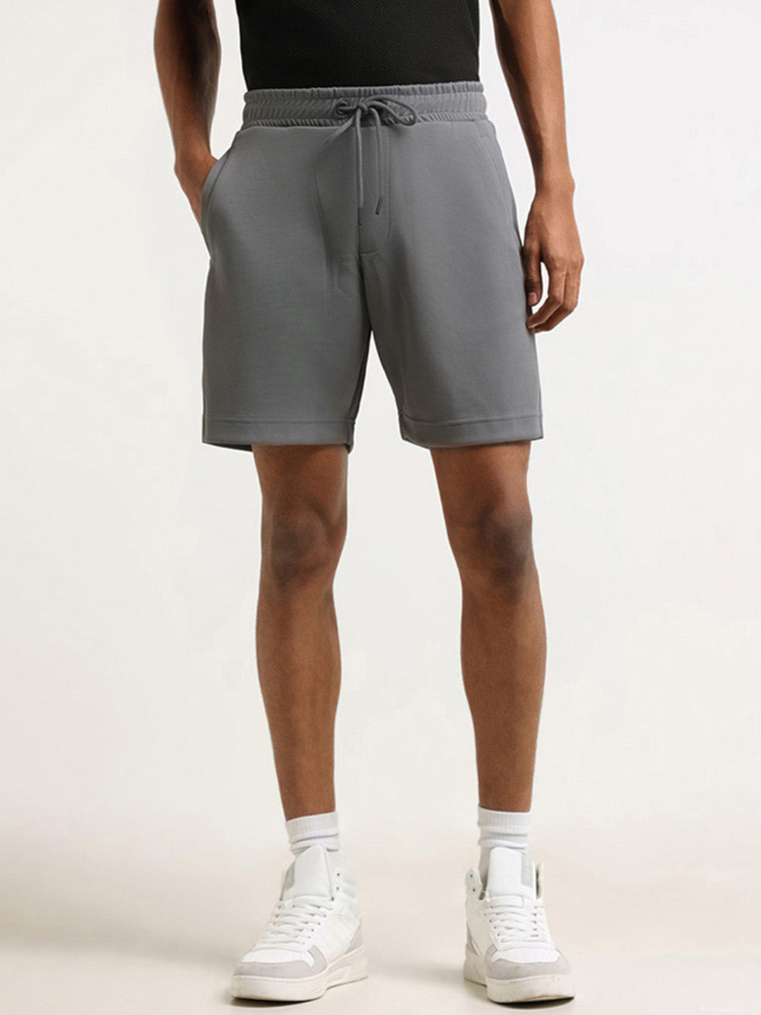 Studiofit Grey Self Patterned Cotton Blend Relaxed Fit Shorts