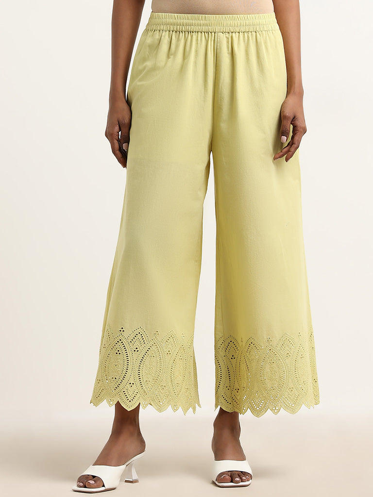 Zuba Lime Schiffli Detailed Mid Rise Cotton Palazzos