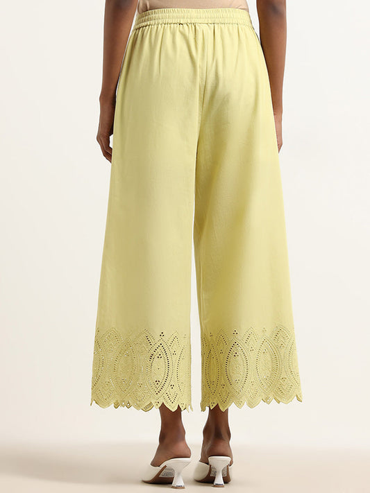 Zuba Lime Schiffli Detailed Mid Rise Cotton Palazzos