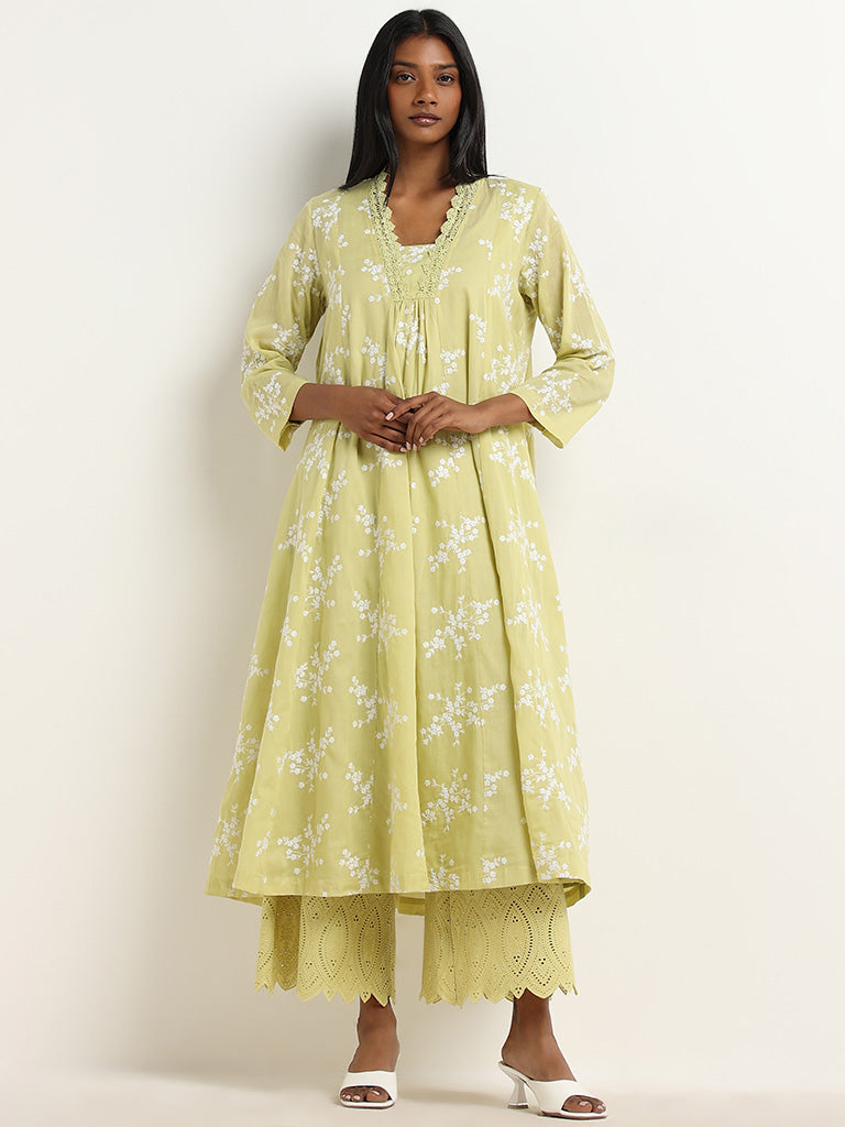 Zuba Lime Schiffli Detailed Mid Rise Cotton Palazzos