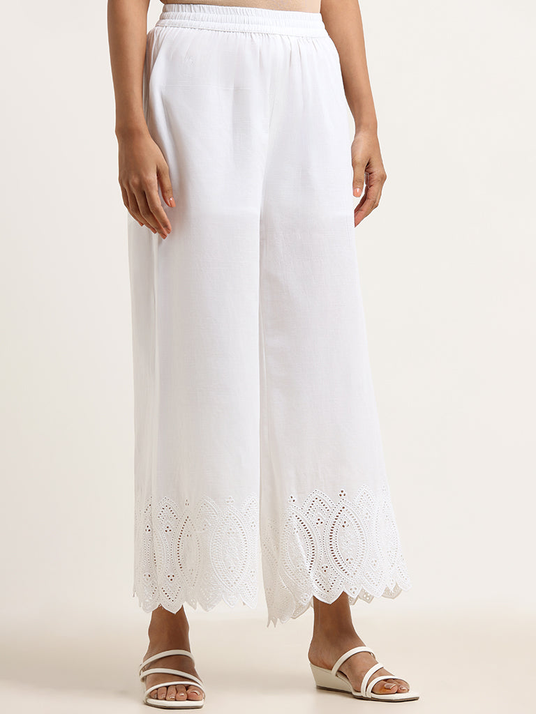 Zuba White Cotton Schiffli Pants