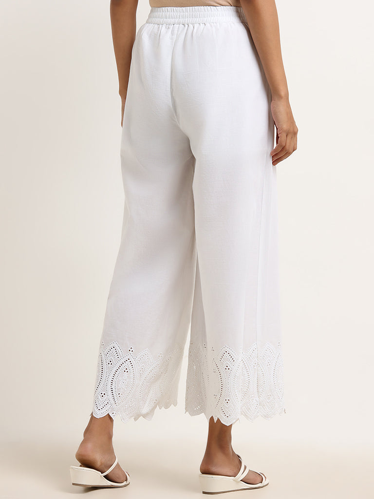 Zuba White Cotton Schiffli Pants