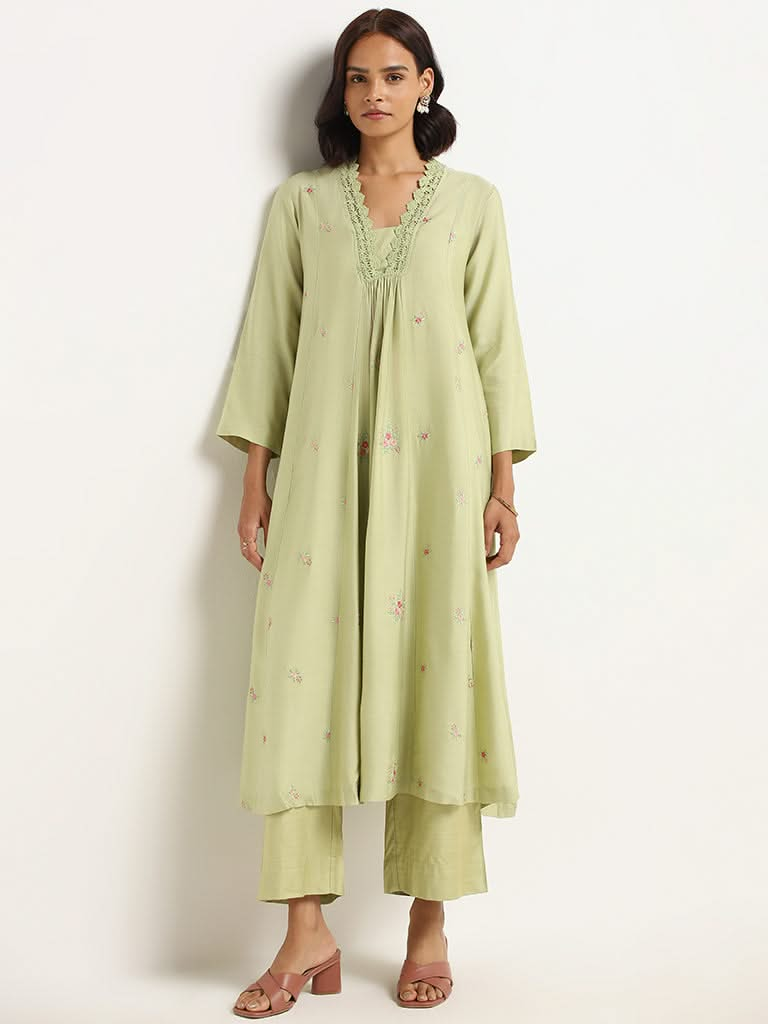 Zuba Green Embroidered Cotton Blend Kurta