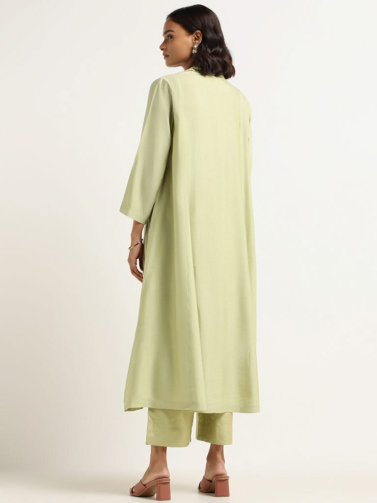 Zuba Green Embroidered Cotton Blend Kurta