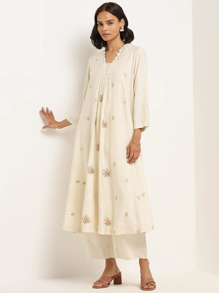 Zuba Off-White Embroidered Kurta