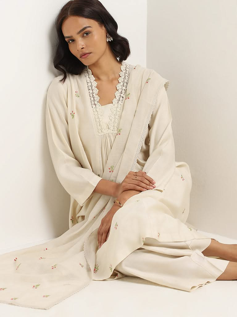 Zuba Off-White Embroidered Kurta