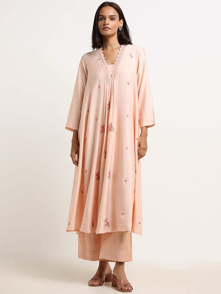 Zuba Peach Embroidered Cotton Kurta