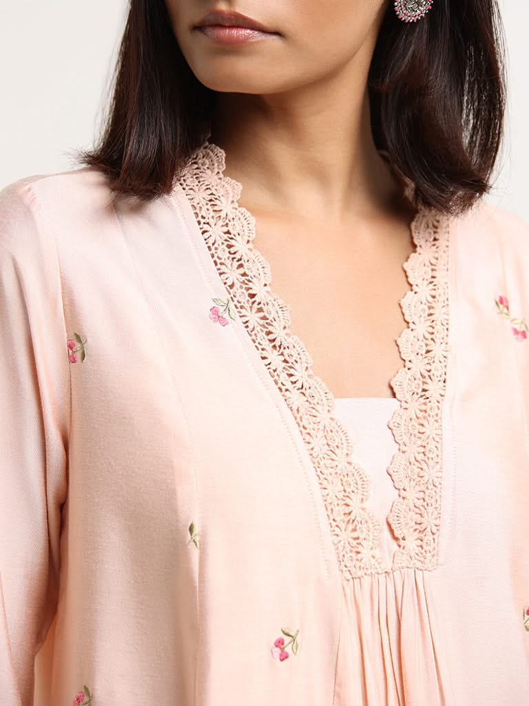 Zuba Peach Embroidered Cotton Kurta