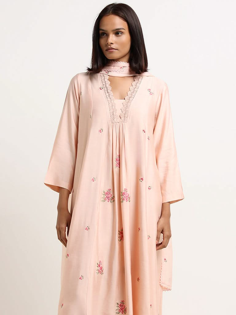 Zuba Peach Embroidered Cotton Kurta