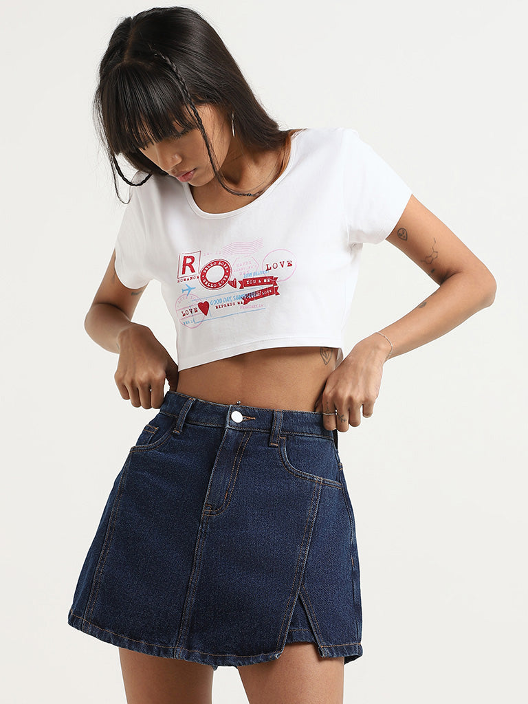 Nuon White Printed Cotton Crop T-Shirt