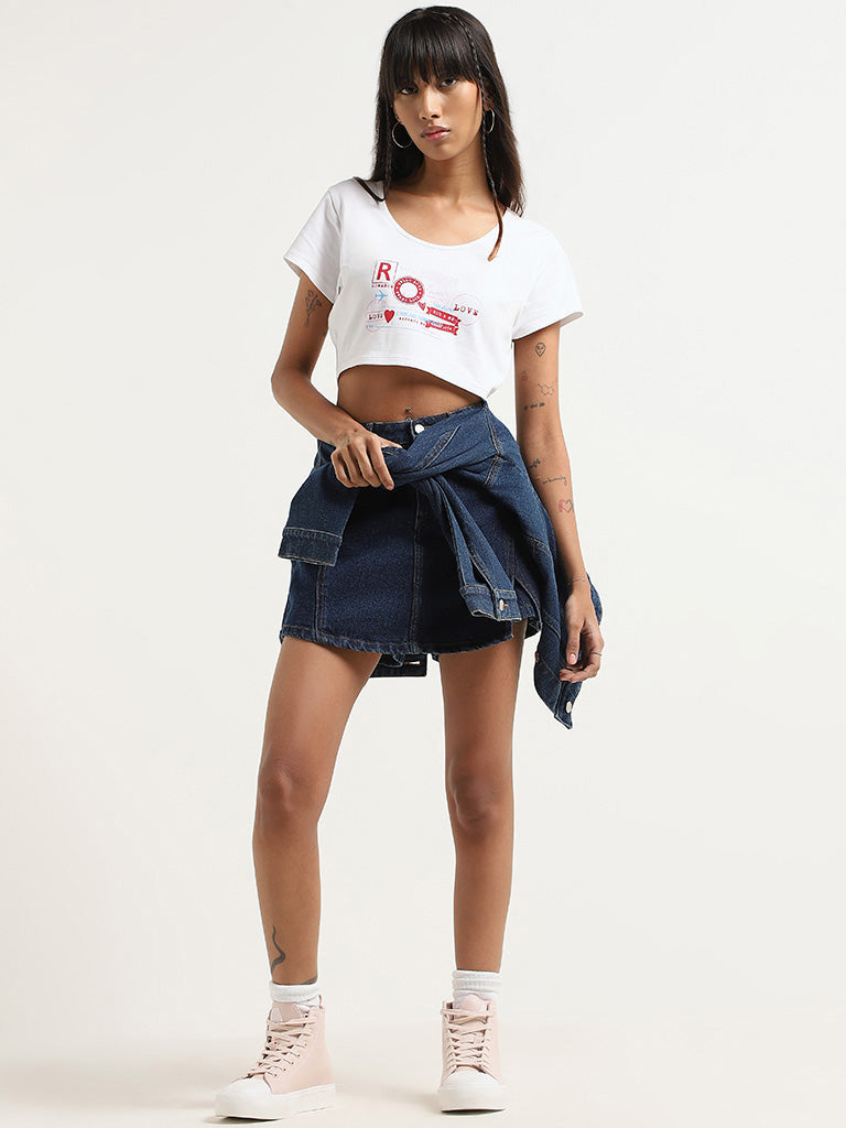 Nuon White Printed Cotton Crop T-Shirt