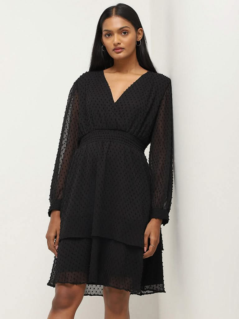 Wardrobe Black Self-Patterned A-Line Dress