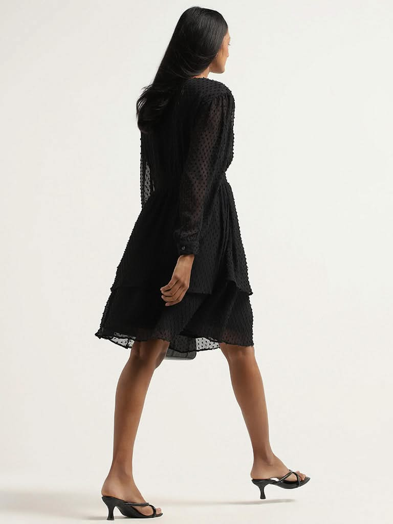 Wardrobe Black Self-Patterned A-Line Dress