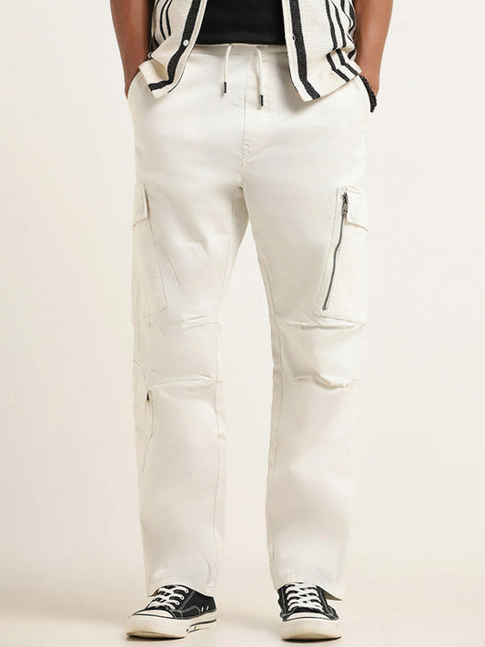 Nuon White Cotton Blend Relaxed Fit Cargo Pants