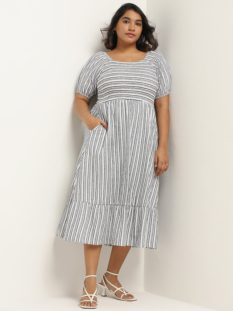 Gia White Striped Cotton A-Line Dress