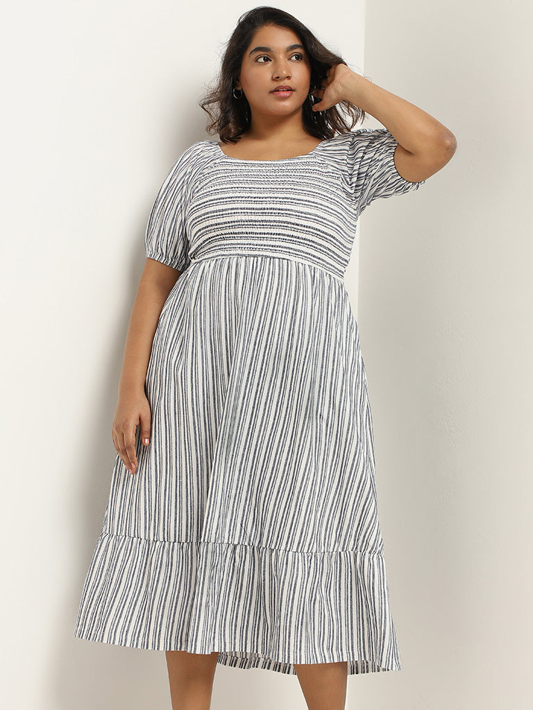 Gia White Striped Cotton A-Line Dress