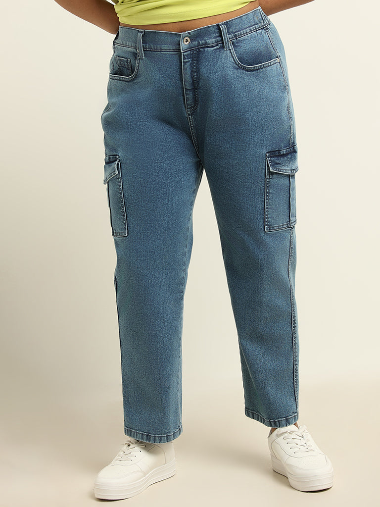 Gia Blue Cargo Relaxed Fit Mid Rise Jeans