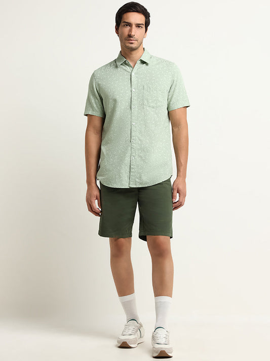 WES Casuals Green Relaxed Fit Bermuda Blended Linen Shorts