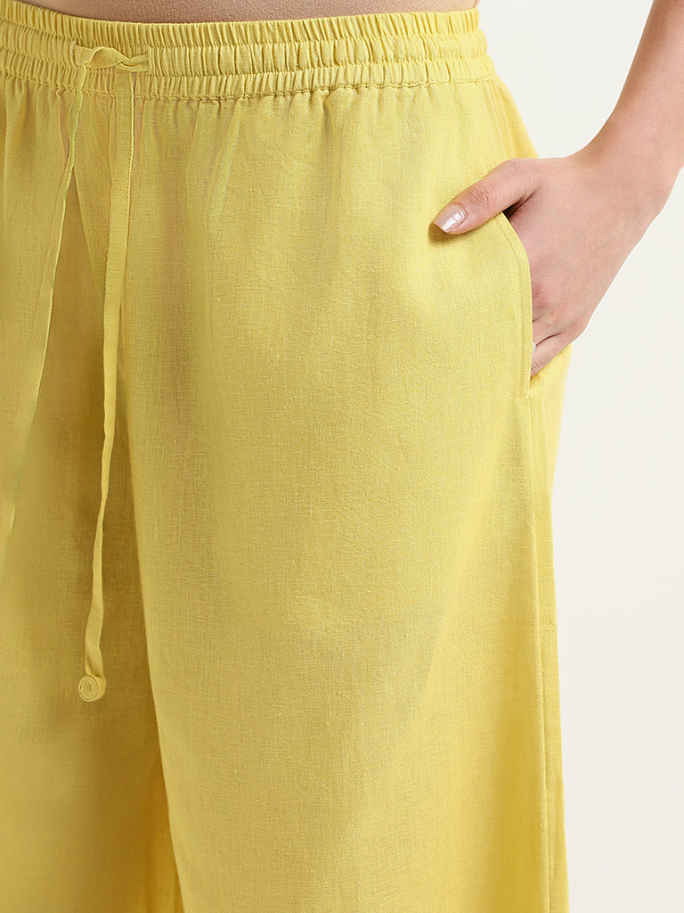 Zuba Yellow Mid Rise Blended Linen Pants