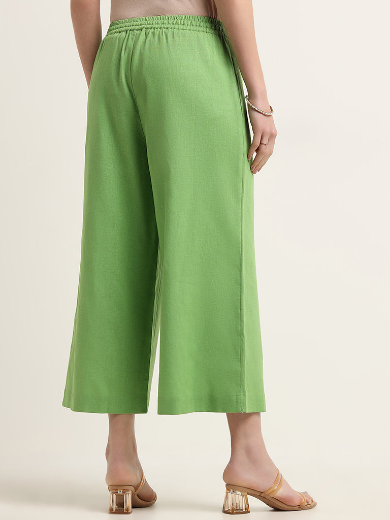 Zuba Green Mid Rise Blended Linen Pants