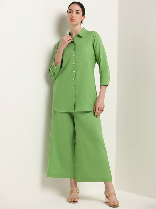 Zuba Green Mid Rise Blended Linen Pants