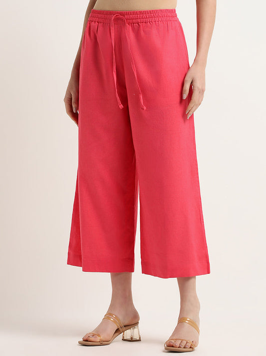 Zuba Pink Mid Rise Blended Linen Pants