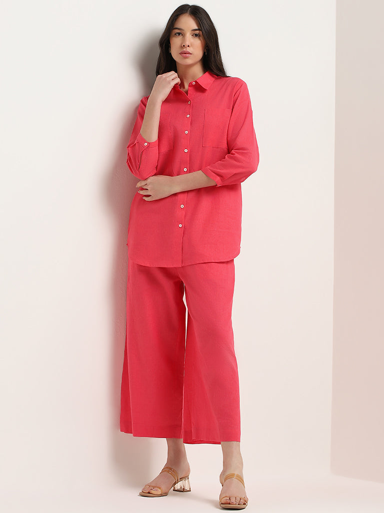 Zuba Pink Mid Rise Blended Linen Pants