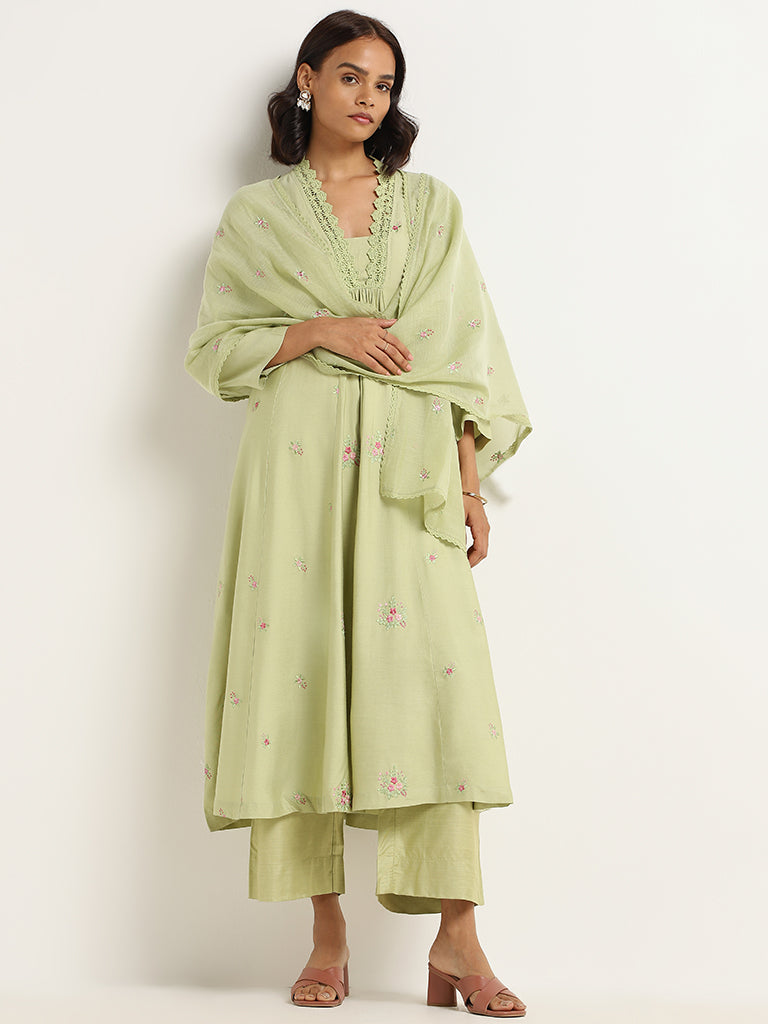 Zuba Green Embroidered Cotton Blend Dupatta