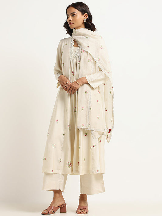 Zuba Off-White Embroidered Cotton Blend Dupatta