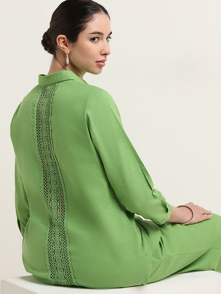 Zuba Green Lace-Detail Blended Linen Tunic