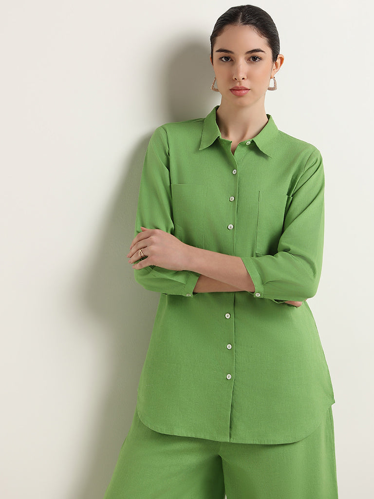 Zuba Green Lace-Detail Blended Linen Tunic