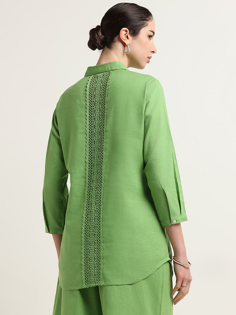 Zuba Green Lace-Detail Blended Linen Tunic