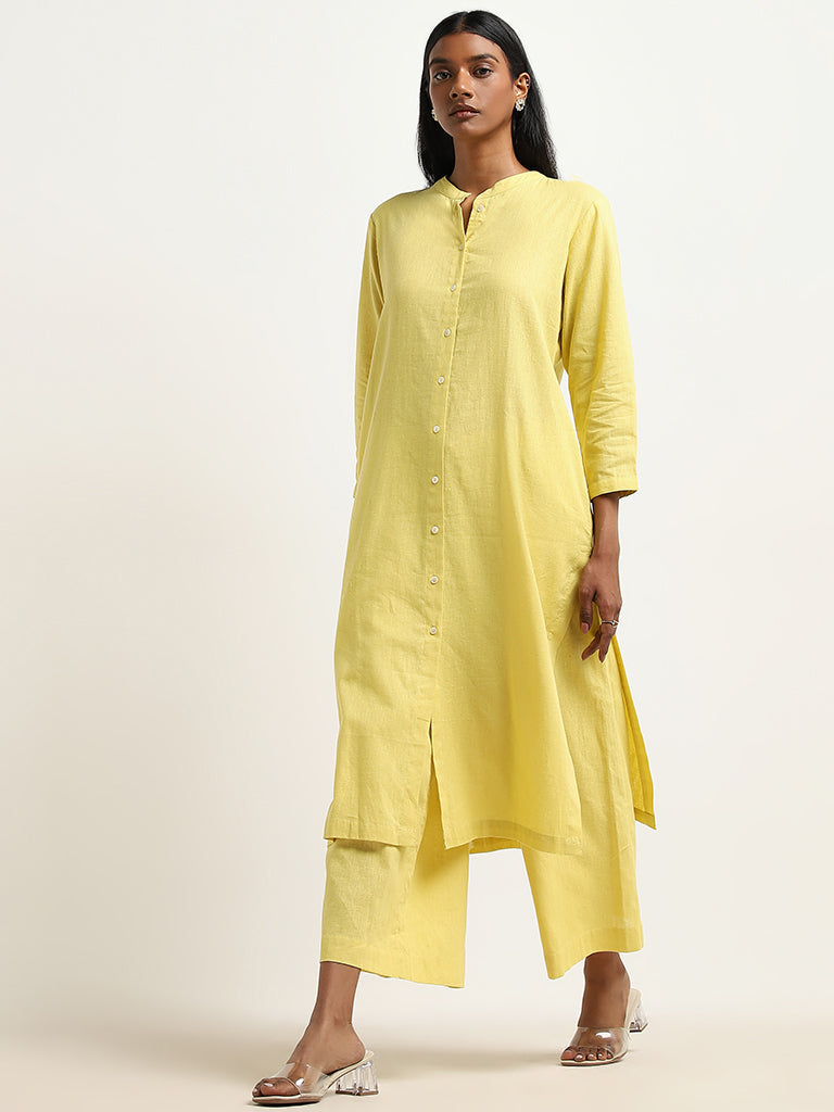 Zuba Yellow Crochet Detailed A-Line Cotton Kurta