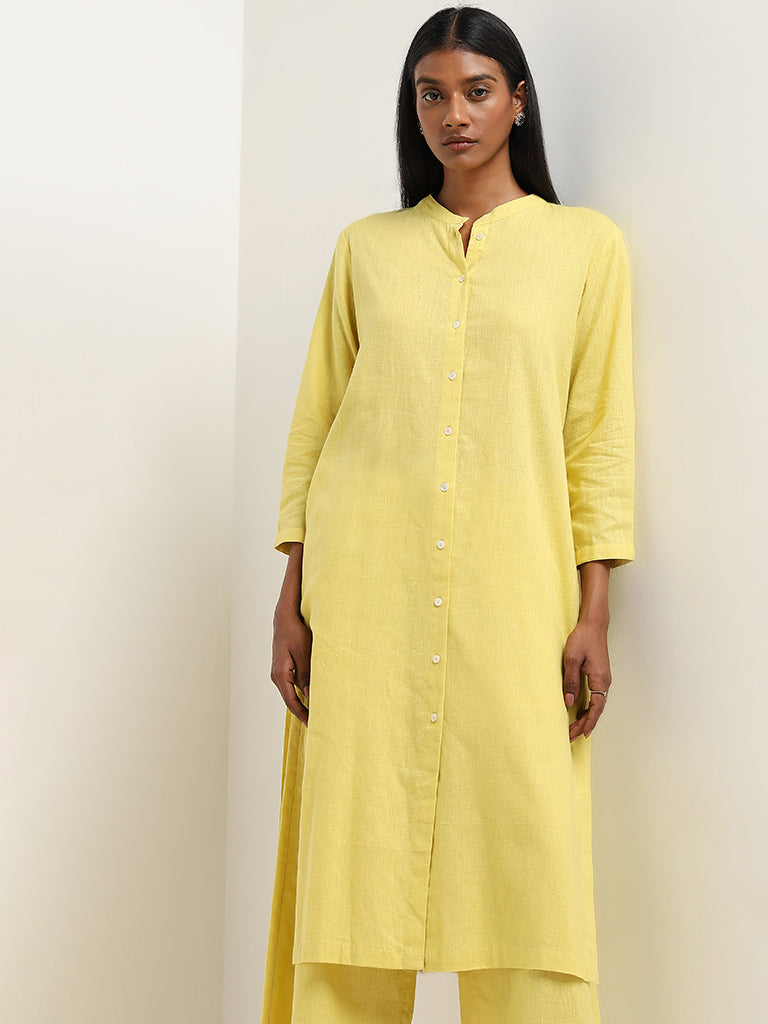 Zuba Yellow Crochet Detailed A-Line Cotton Kurta