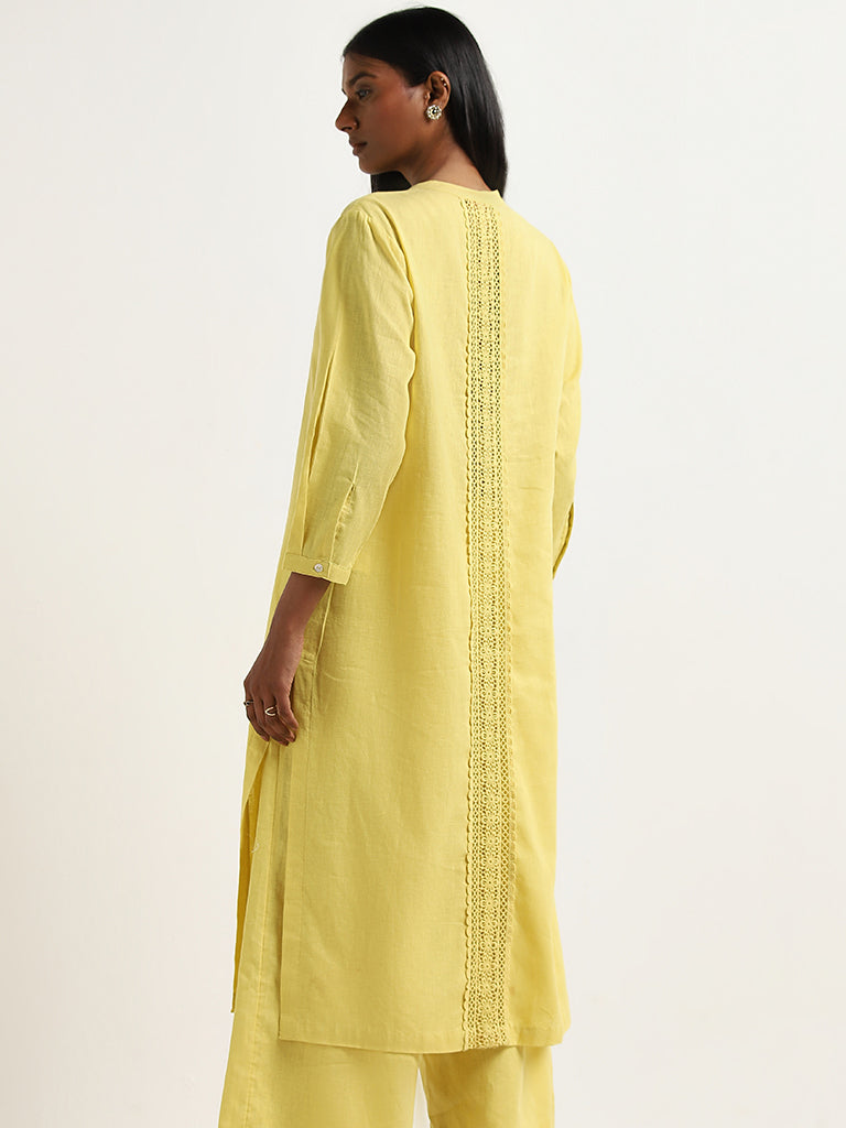 Zuba Yellow Crochet Detailed A-Line Cotton Kurta