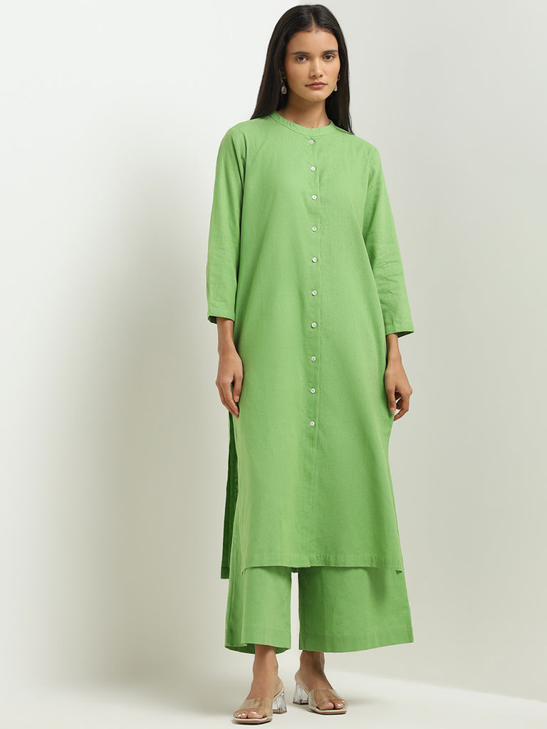 Zuba Green Blended Linen A-line Kurta