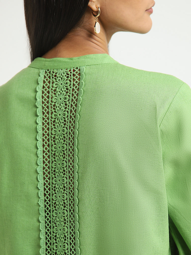 Zuba Green Blended Linen A-line Kurta