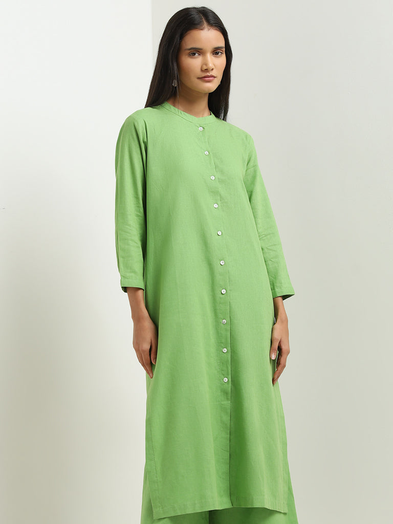 Zuba Green Blended Linen A-line Kurta