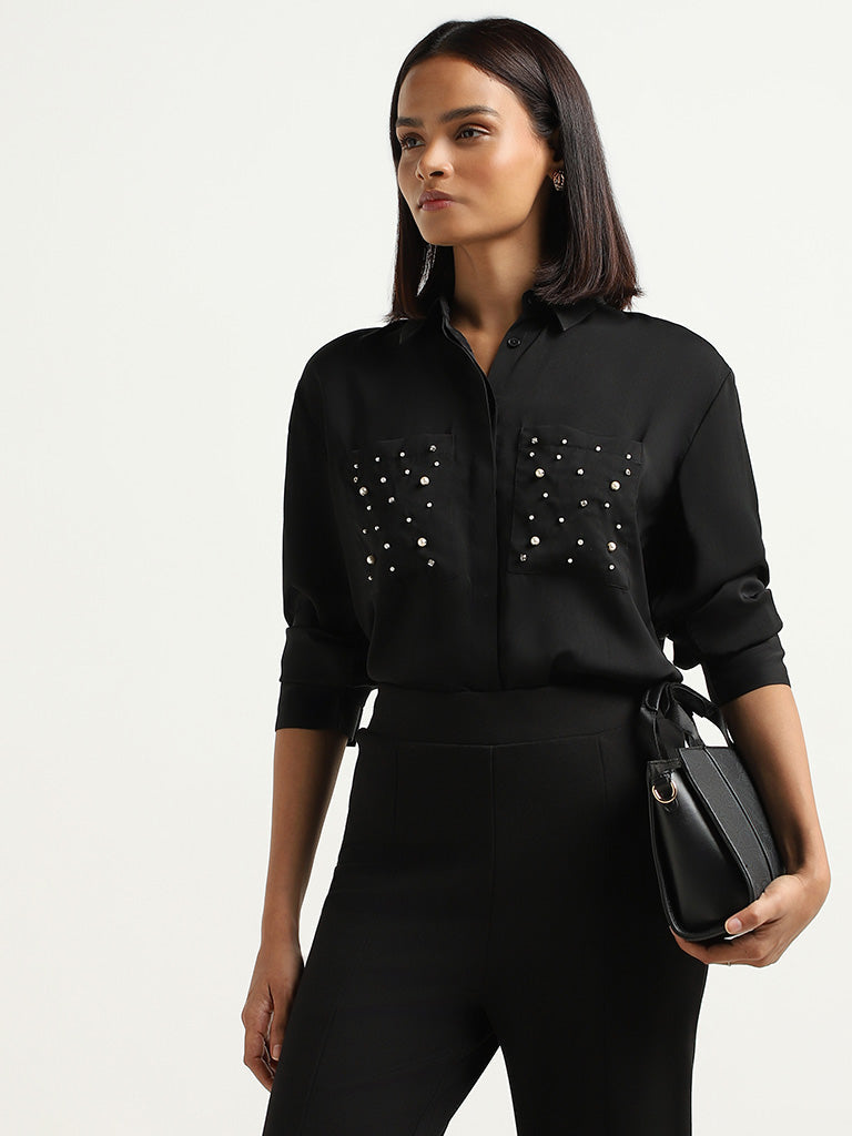 Wardrobe Pearl Embellished Black Cotton Shirt