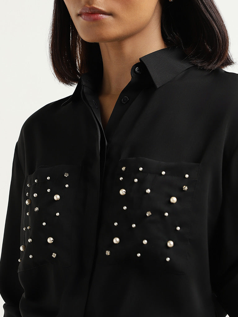 Wardrobe Pearl Embellished Black Cotton Shirt