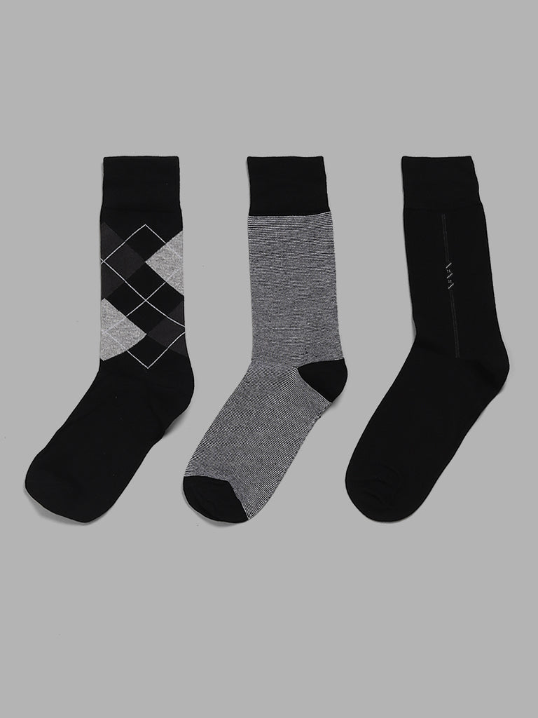 WES Lounge Black Cotton Blend High-Length Socks - Pack of 3