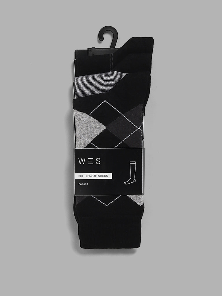 WES Lounge Black Cotton Blend High-Length Socks - Pack of 3