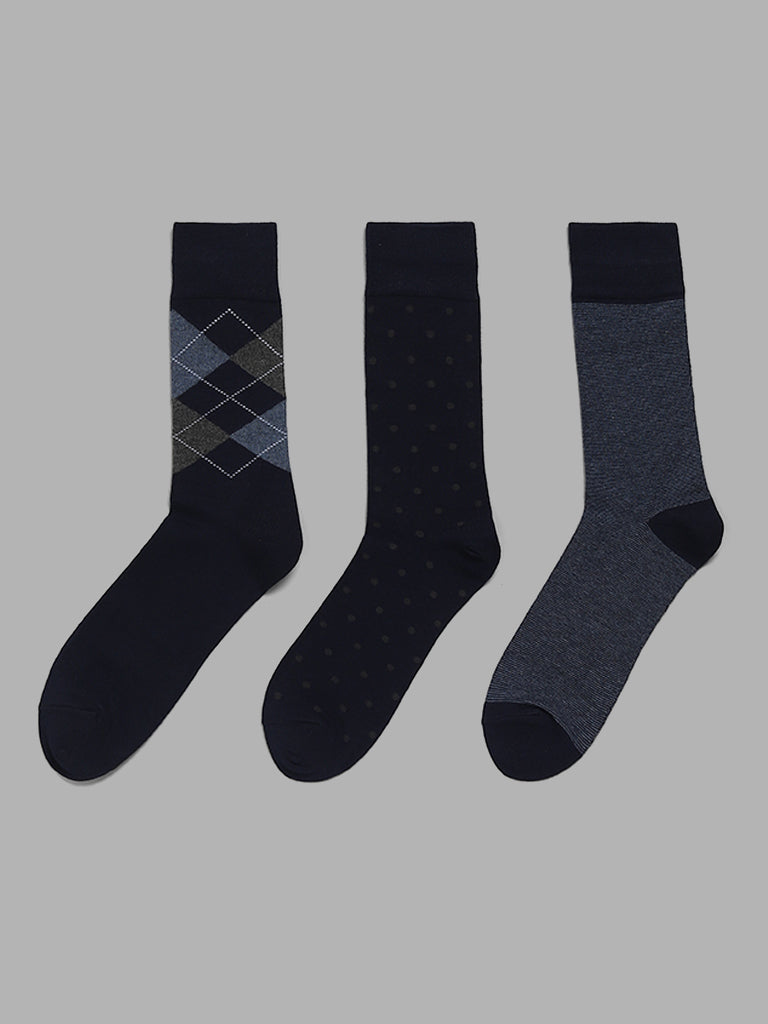 WES Lounge Navy Cotton Blend High-Length Socks - Pack of 3