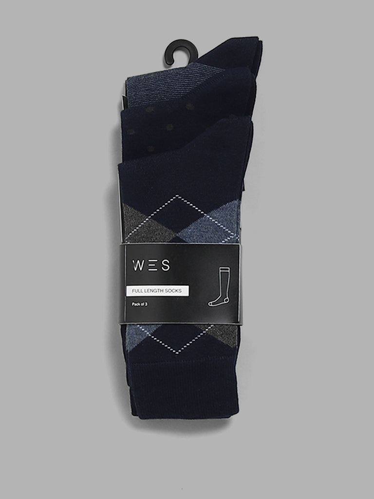 WES Lounge Navy Cotton Blend High-Length Socks - Pack of 3