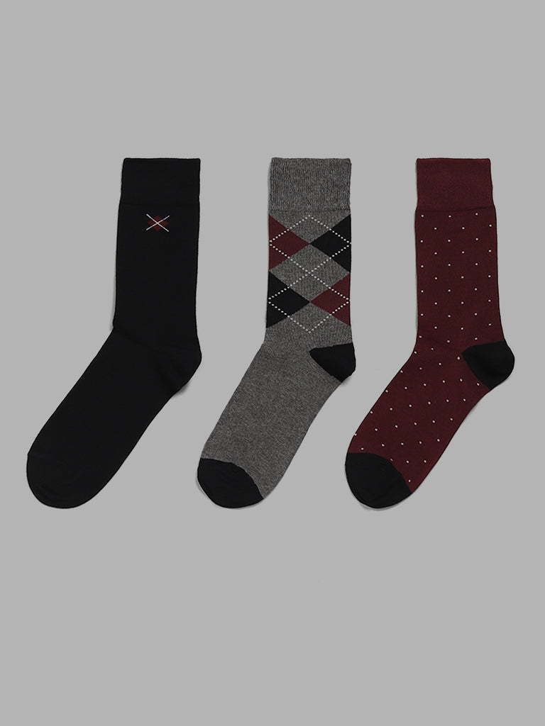 WES Lounge Wine Cotton Blend High-Length Socks - Pack of 3