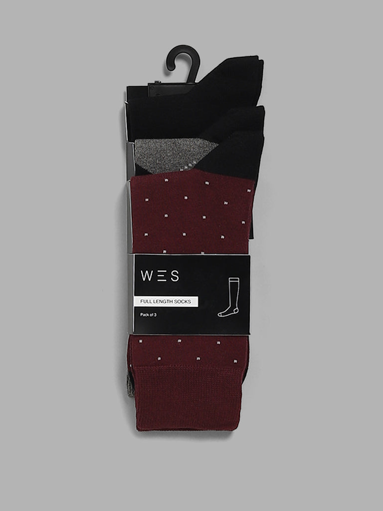 WES Lounge Wine Cotton Blend High-Length Socks - Pack of 3