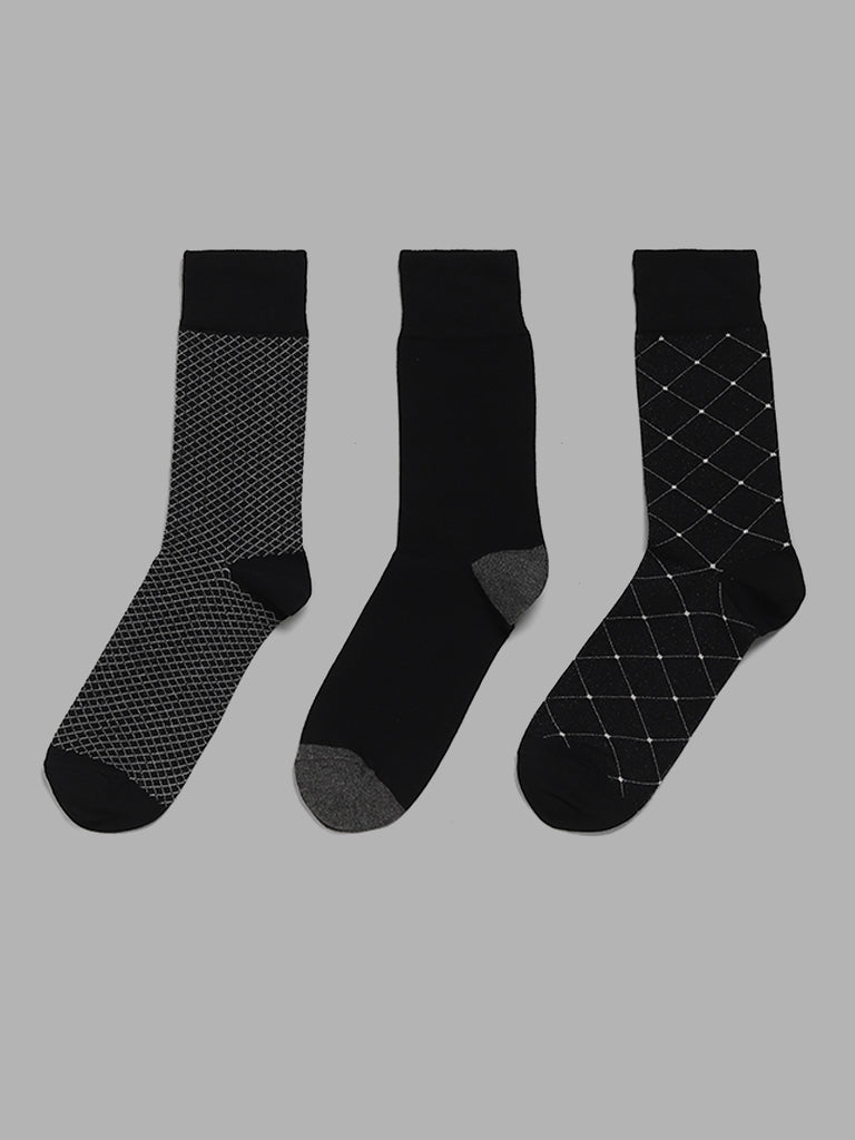 WES Lounge Black Cotton Blend High-Length Socks - Pack of 3