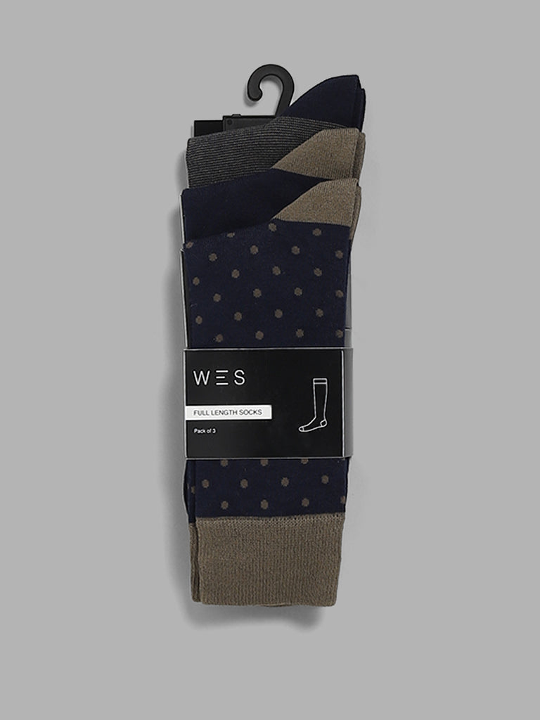 WES Lounge Olive Cotton Blend High-Length Socks - Pack of 3