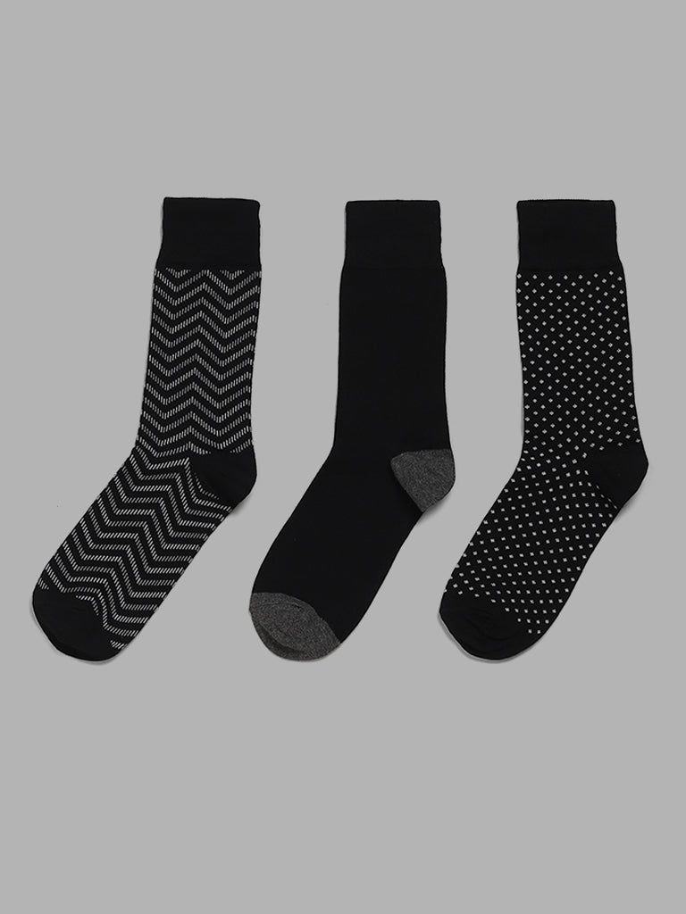 WES Lounge Black Cotton Blend High-Length Socks - Pack of 3